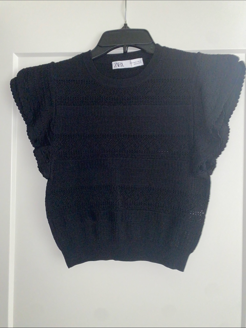 ZARA Black Open-Knit Flutter Sleeve Top